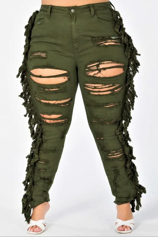 High Rise Skinny Tassel Olive Jeans