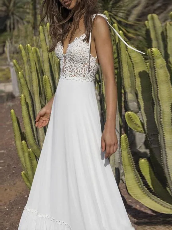 Boho Wedding Dresses 2021 Chiffon V Neck A Line Straps Sleeveless Bows Lace Bridal Gowns Ruffle Hem Bridal Dress For Beach Wedding