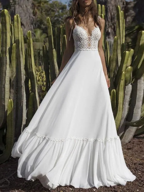 Boho Wedding Dresses 2021 Chiffon V Neck A Line Straps Sleeveless Bows Lace Bridal Gowns Ruffle Hem Bridal Dress For Beach Wedding