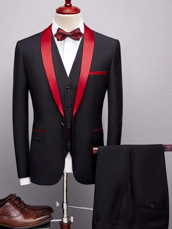 Red Lapel Collar Three Piece Tuxedo Suit