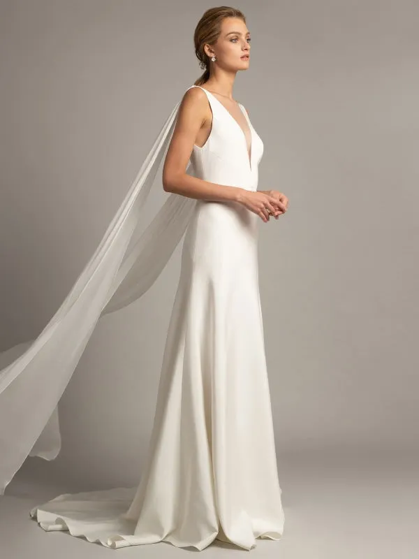 White Simple Wedding Dress Satin Fabric V-Neck Sleeveless Ruffles A-Line Long Bridal Gowns