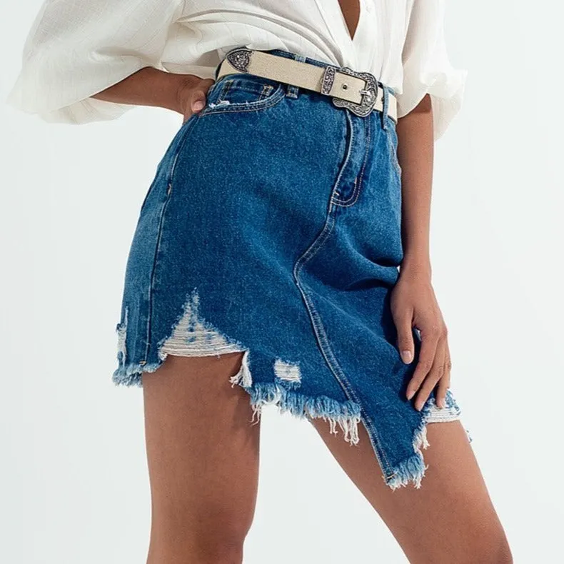 Distressed Denim Skirt in Dark Wash by Q2