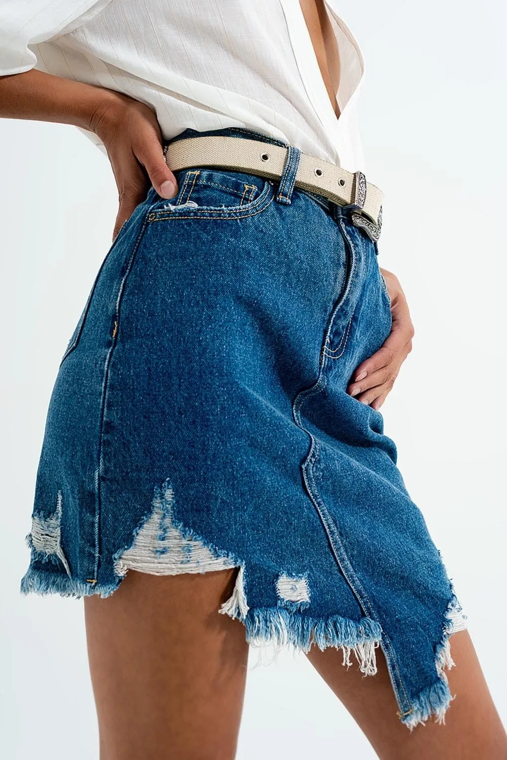 Distressed Denim Skirt in Dark Wash by Q2