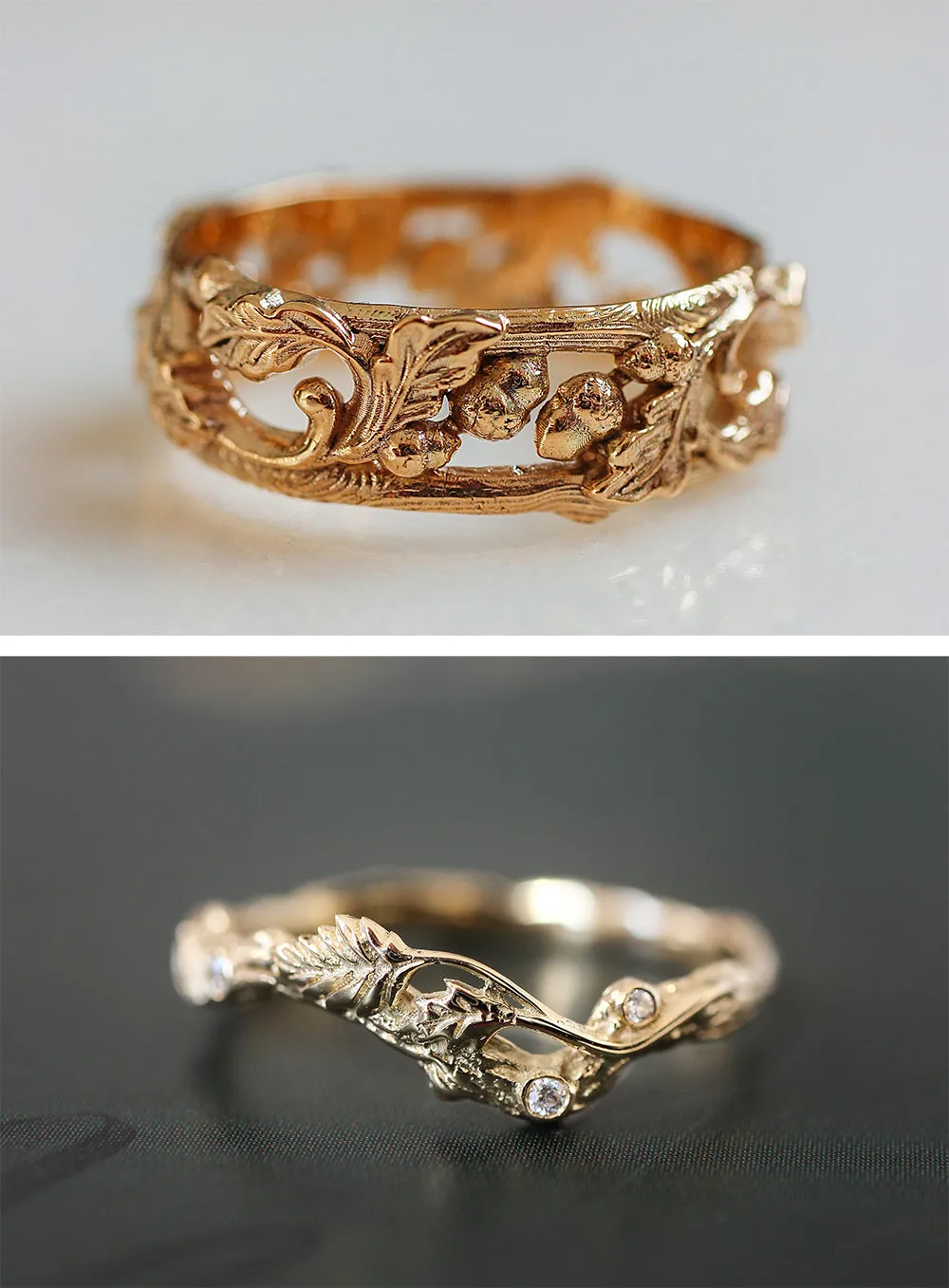 Wedding band set with oak ring for him and branch ring for her