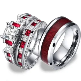 Red Koa Wood Inlay and White/Red Cubic Zirconia Stainless Steel Wedding Ring Set