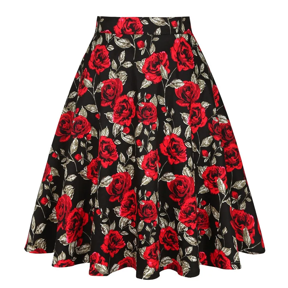 2023 Summer A Line Vintage Floral High Waist Midi Skirt