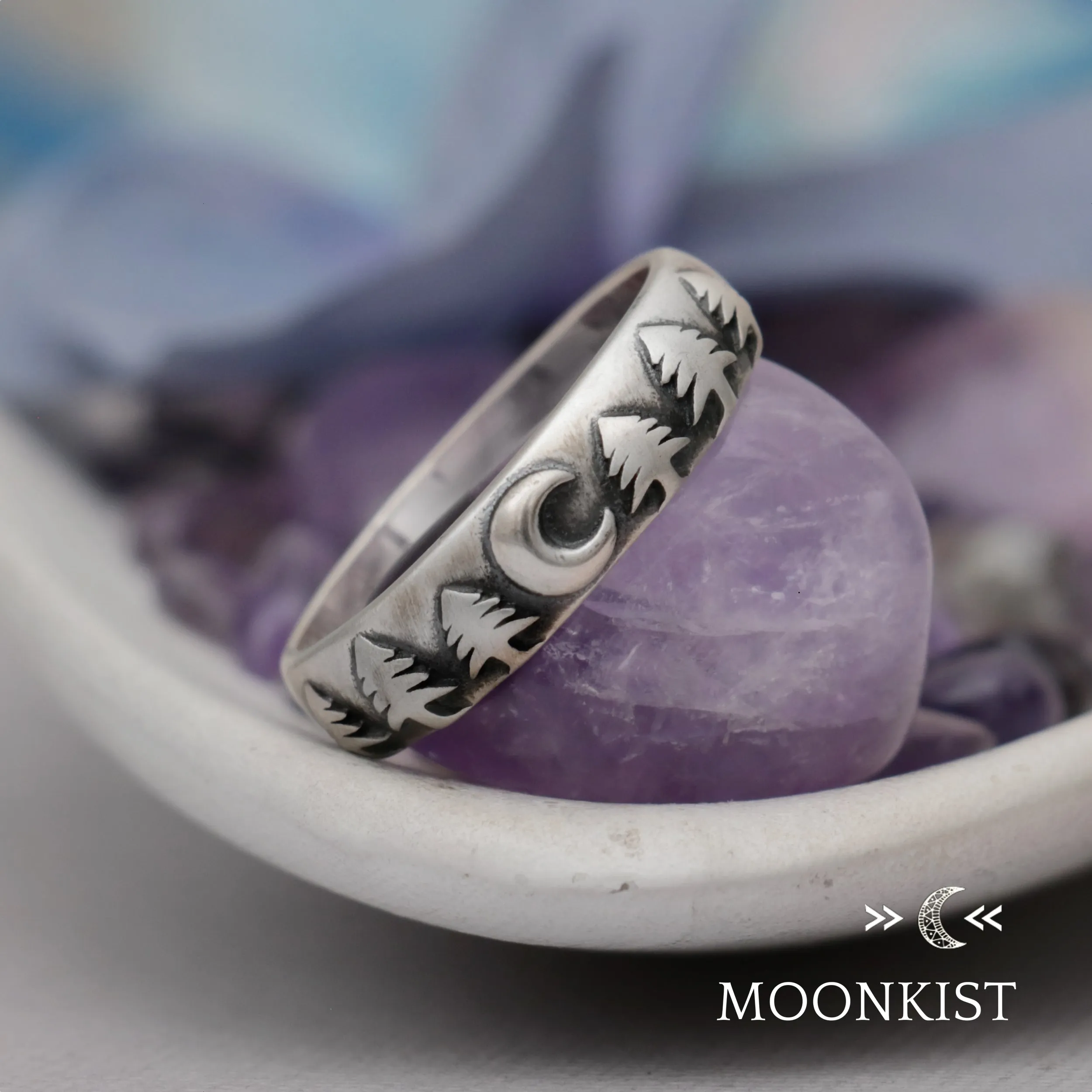 Crescent Moon and Trees Wedding Ring  | Moonkist Designs