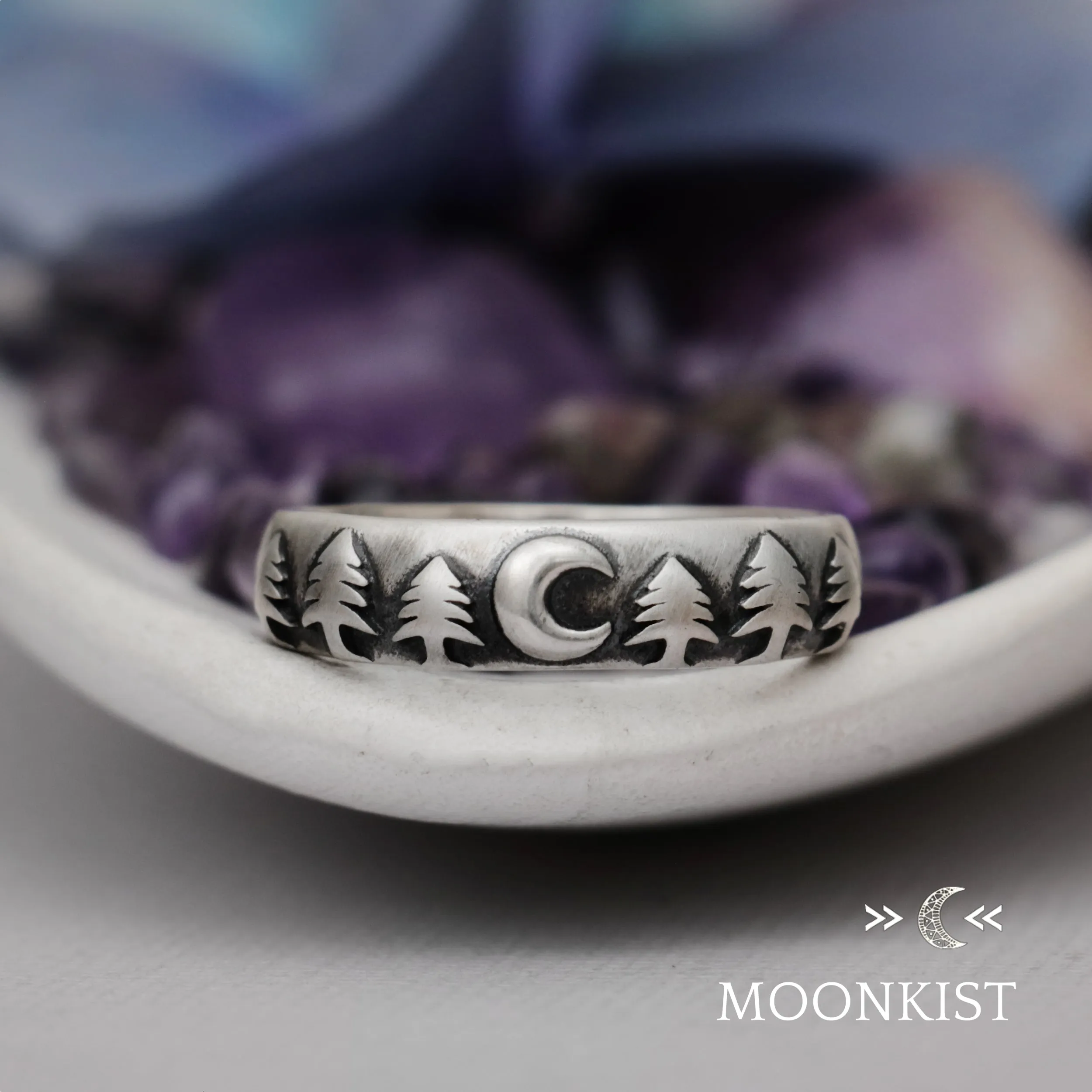 Crescent Moon and Trees Wedding Ring  | Moonkist Designs