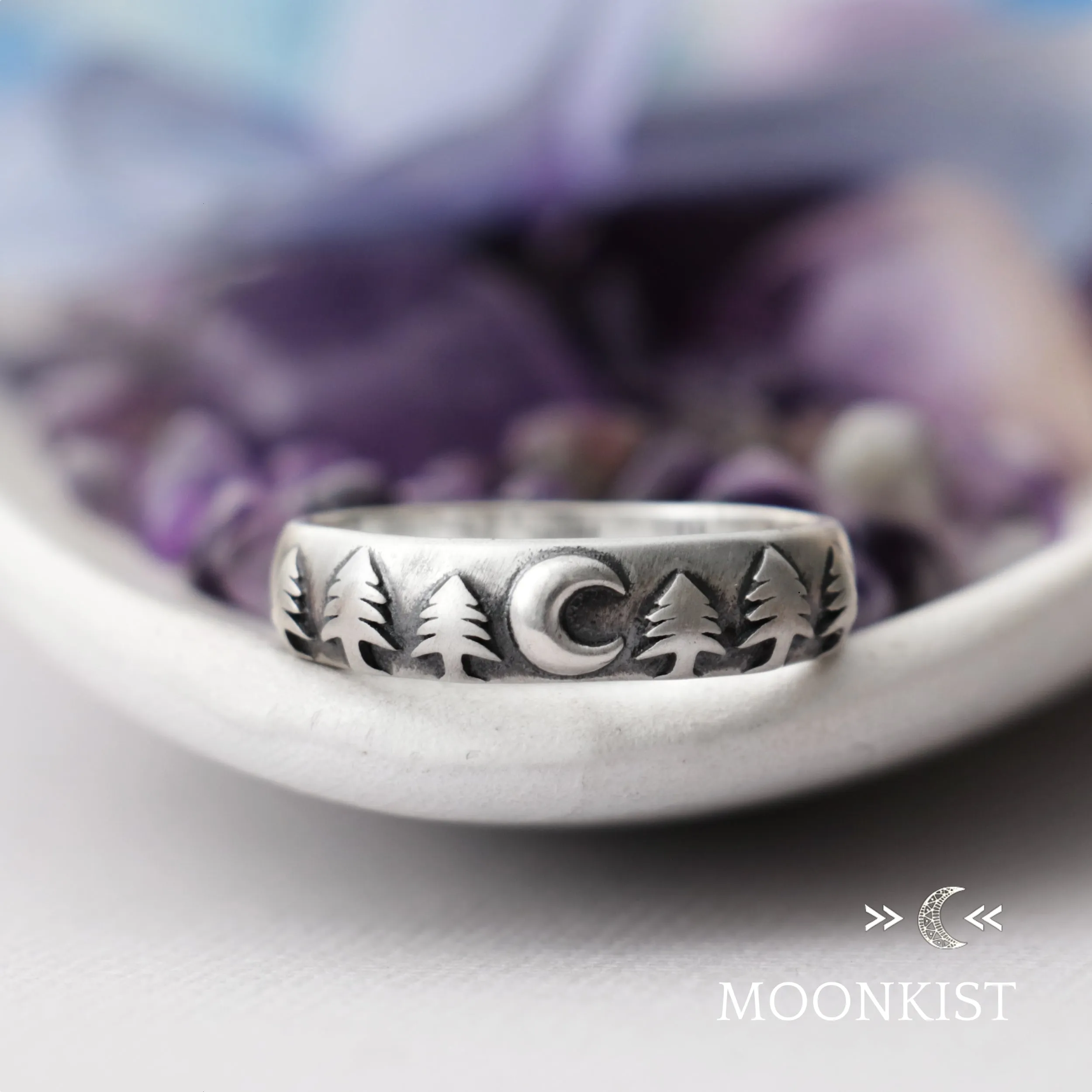 Crescent Moon and Trees Wedding Ring  | Moonkist Designs