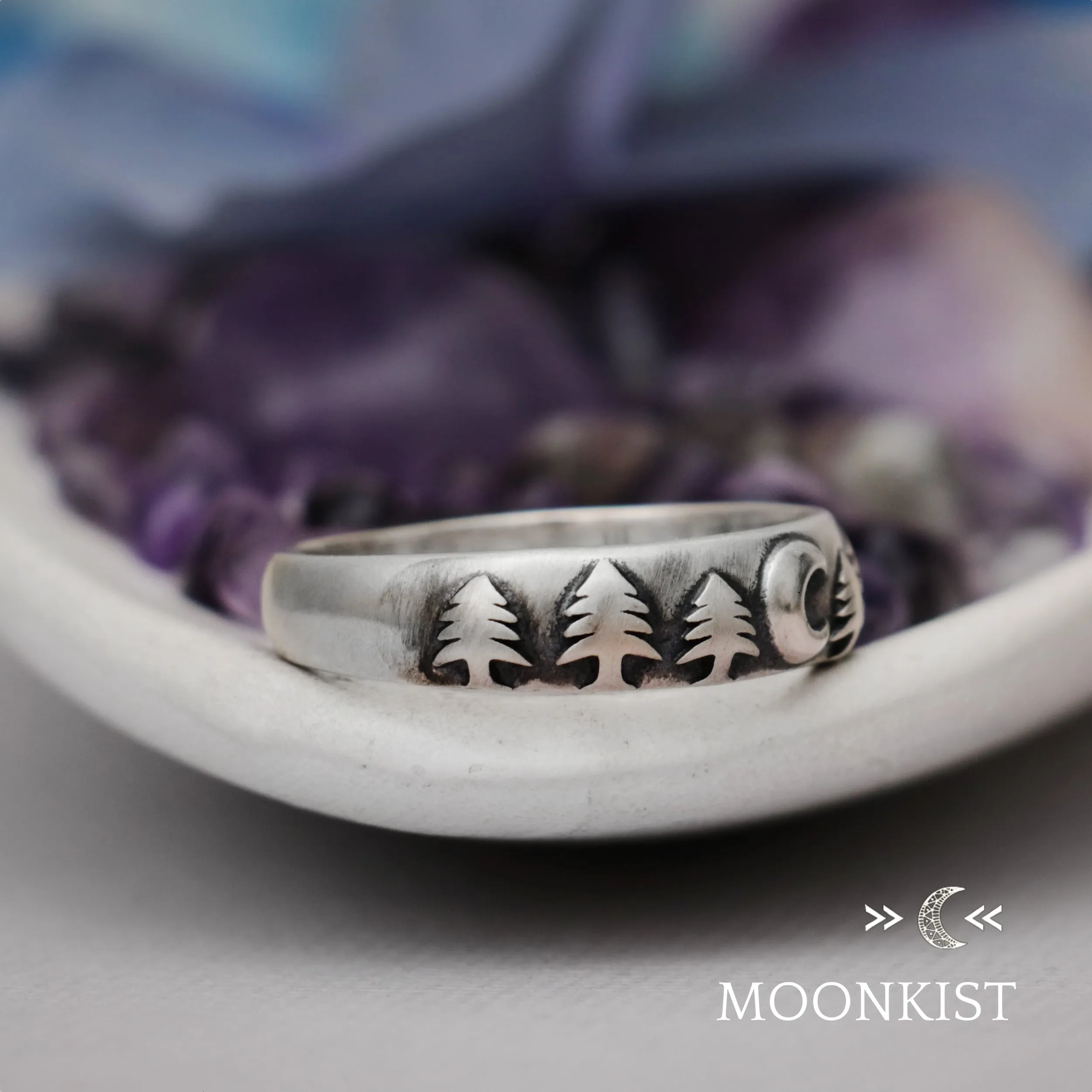 Crescent Moon and Trees Wedding Ring  | Moonkist Designs