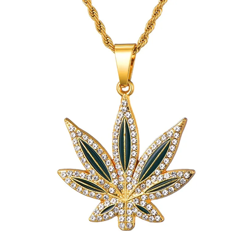 Rhinestone-Studded Leaf Bling Rope Chain Hip-hop Pendant Necklace