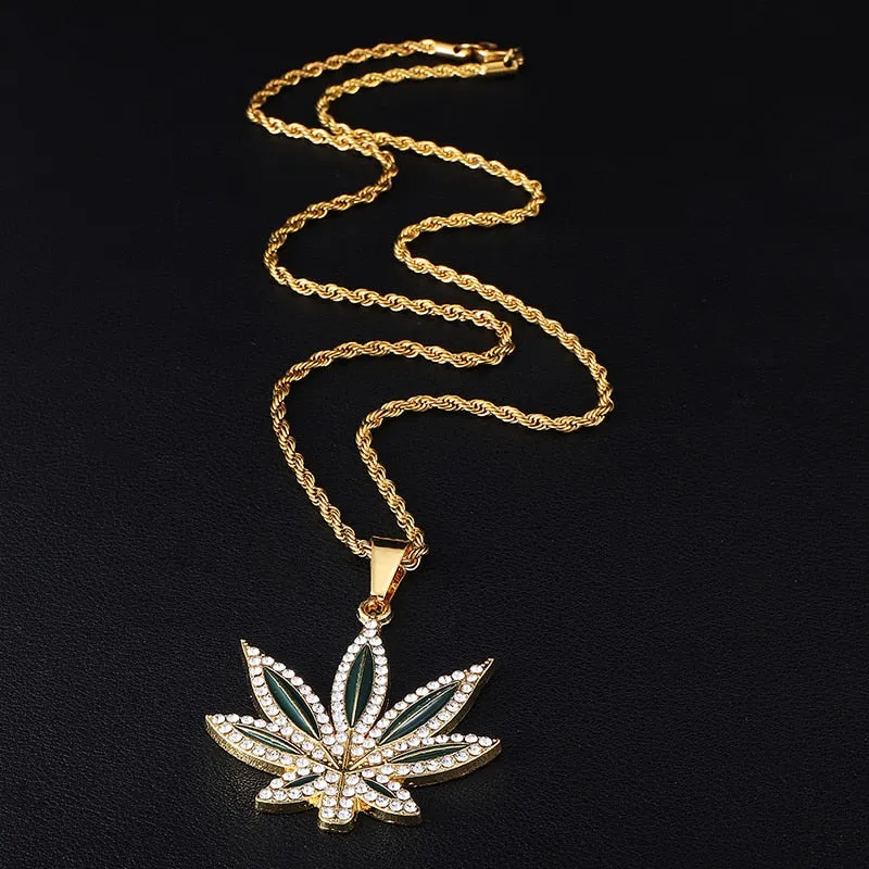 Rhinestone-Studded Leaf Bling Rope Chain Hip-hop Pendant Necklace