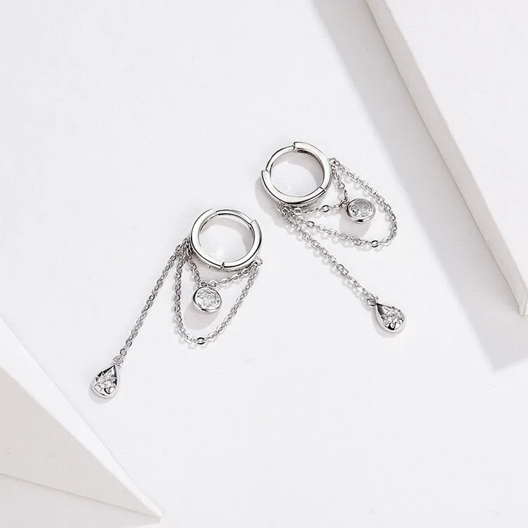 Round Geometric Chain Cubic Zirconia Water Drop Sterling Silver Fashion Dangle Earrings