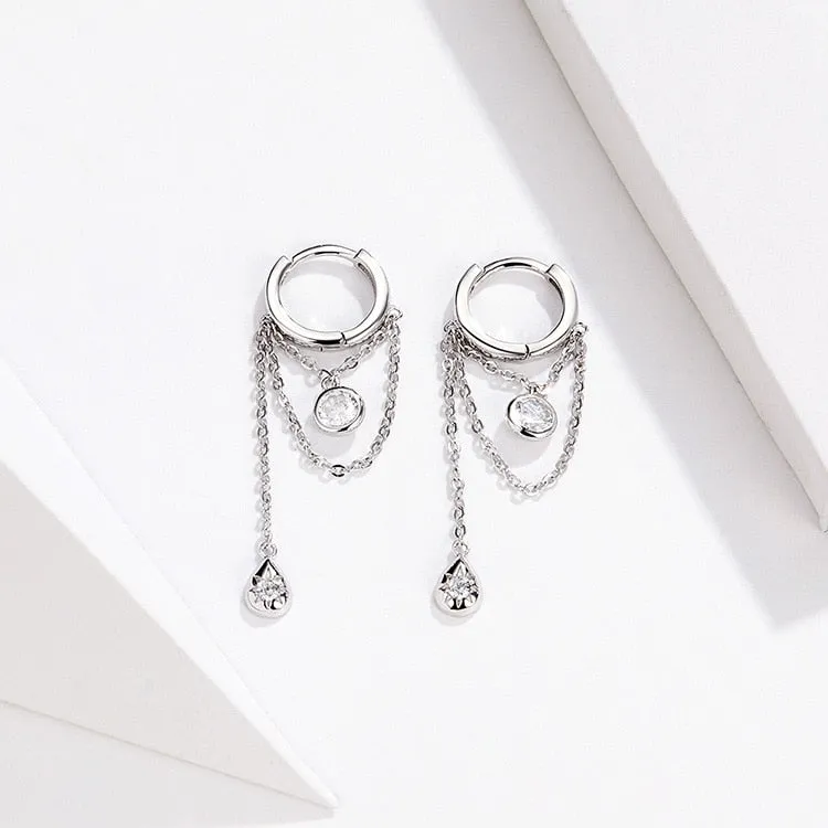 Round Geometric Chain Cubic Zirconia Water Drop Sterling Silver Fashion Dangle Earrings