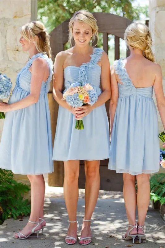 One Shoulder Light Sky Blue Short A-Line Knee Length Bridesmaid Dresses Pregnant Dresses