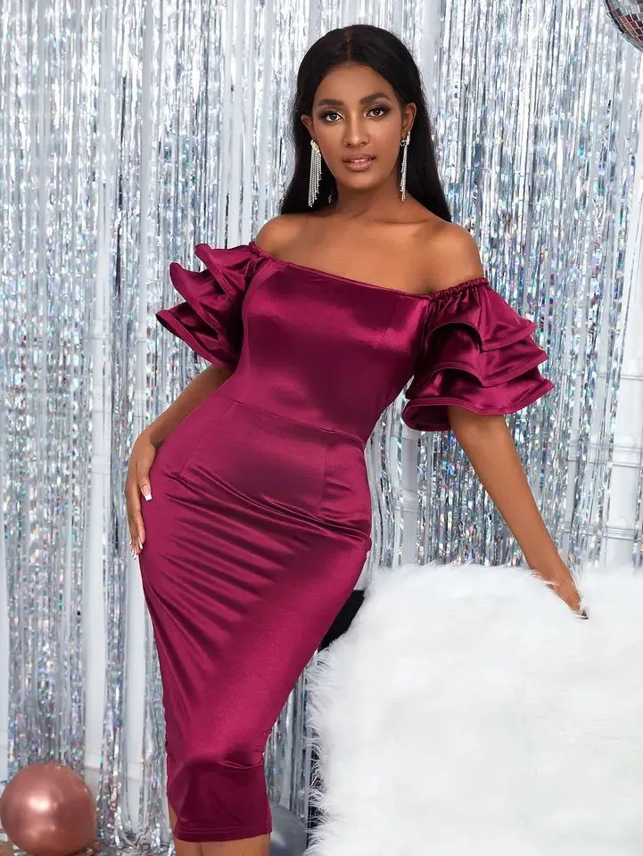 Women Satin Party Dress Slash Neck Short Puff Sleeve Shoulder Bodycon Clubwear Summer Event S4653623