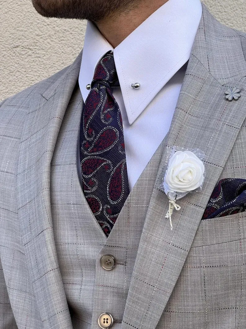 Slim Fit Plaid Wool Gray Suit