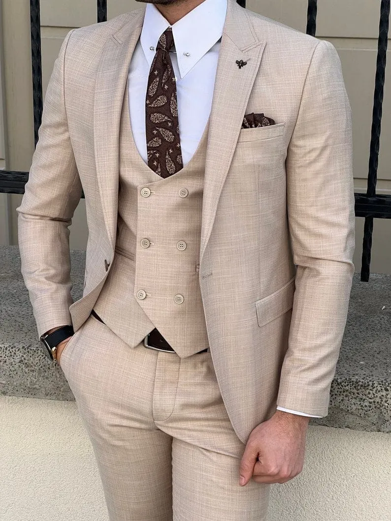 Slim Fit Men's Beige Wedding Vest Suit Tuxedo