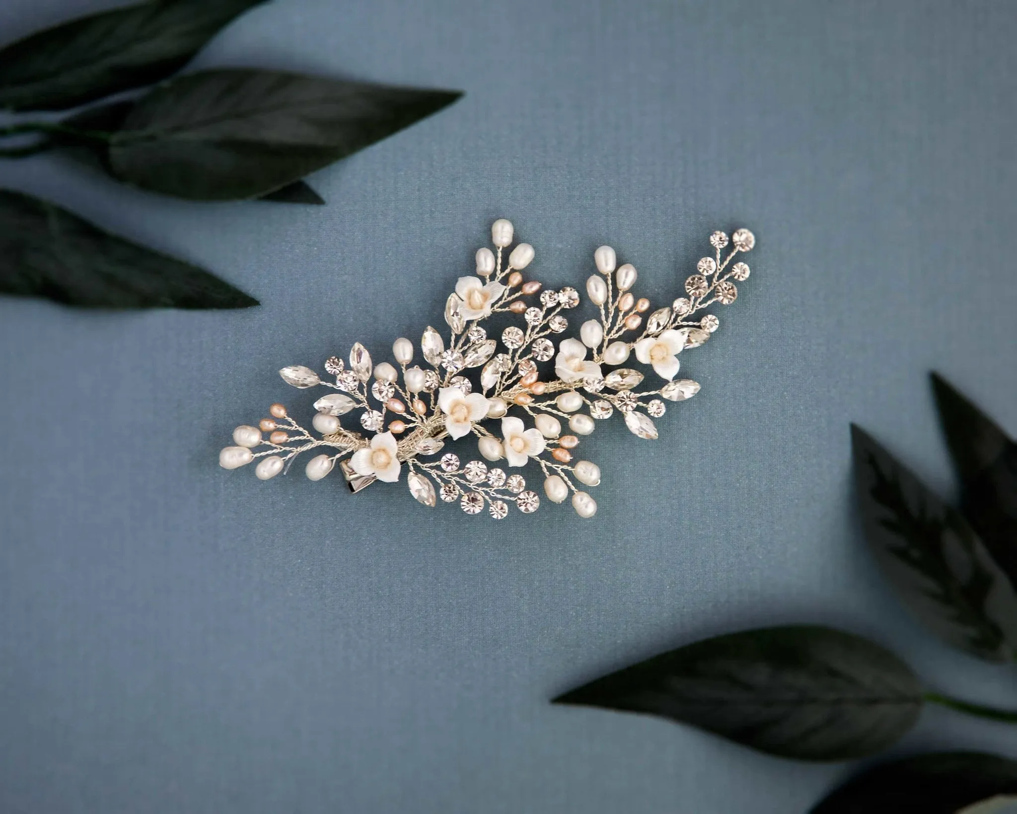 Dainty Porcelain Luster Flower and Freshwater Pearl Clip