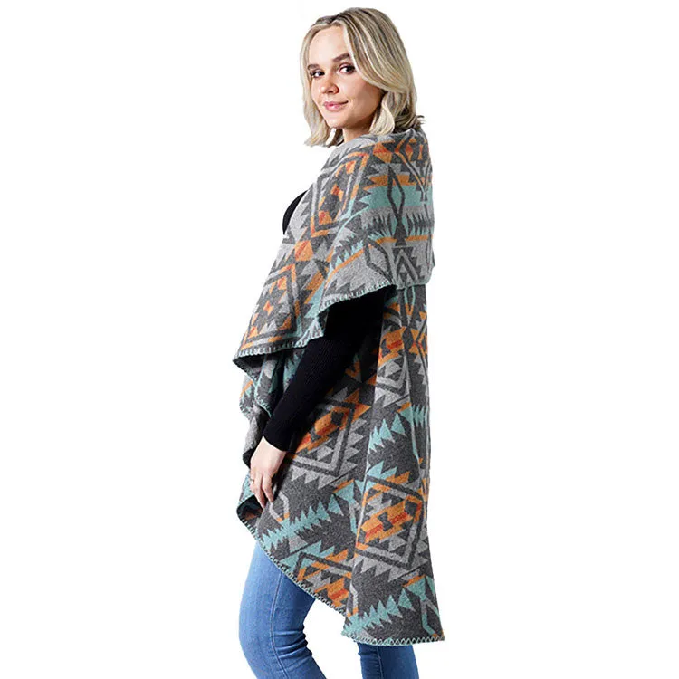 Western Pattern Reversible Shawl Wrap Poncho