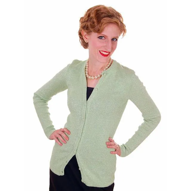 Vintage Cardigan Sweater Pale Green/Silver Metallic Oscar De La Renta 1970s M