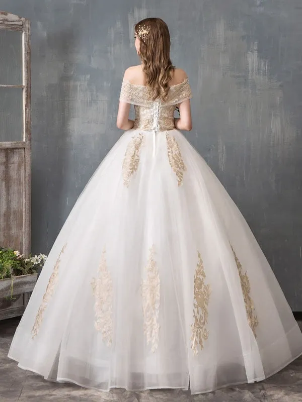 Wedding Dresses 2021 Ball Gown Off Shoulder Golden Lace Appliqued Floor Length Bridal Dress