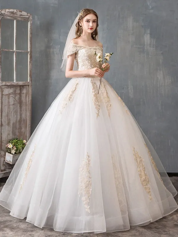 Wedding Dresses 2021 Ball Gown Off Shoulder Golden Lace Appliqued Floor Length Bridal Dress