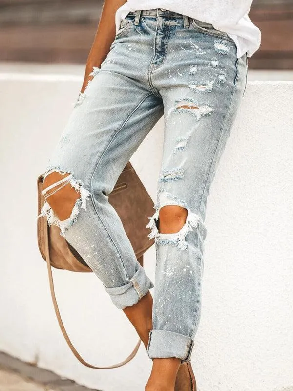 Ladies Ripped Straight-Leg Jeans