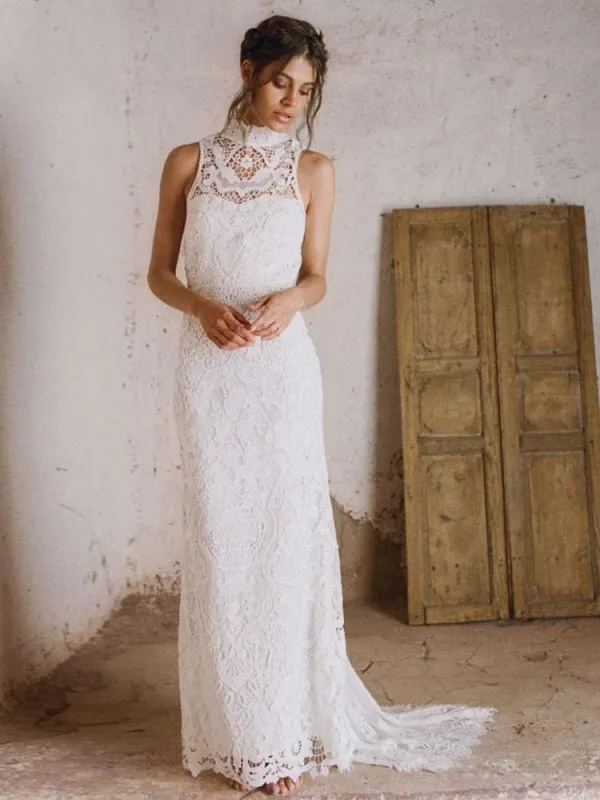 Boho Wedding Dress 2021 Sheath High Neck Sleeveless Floor Length Bridal Gown