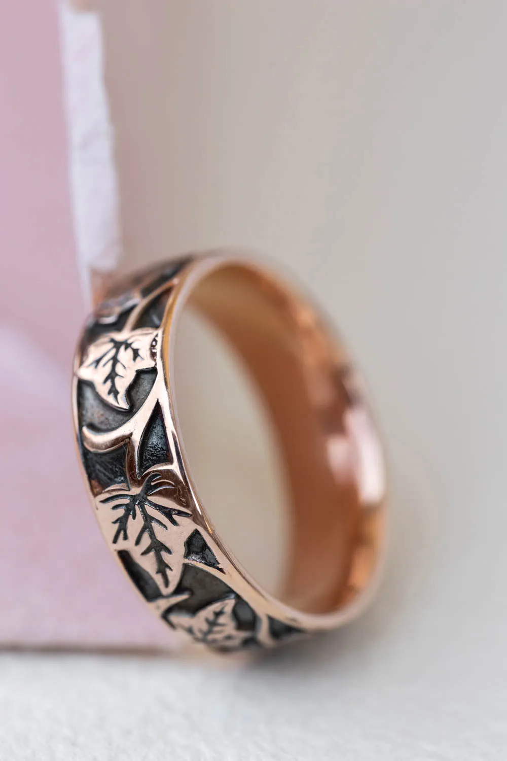 Gold ivy pattern wedding band, men's wedding band with leaf motif