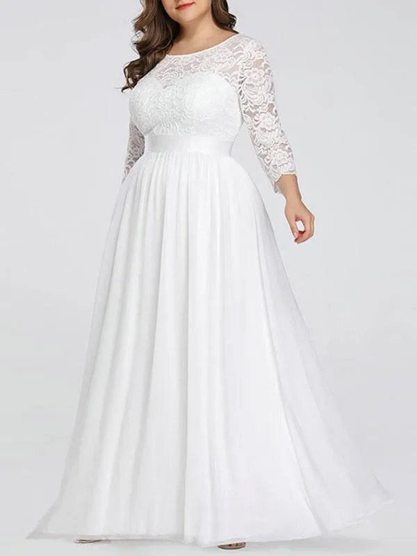 Plus Size A-Line Wedding Dresses Floor-Length 3/4 Length Sleeves Lace Jewel Neck Bridal Gowns