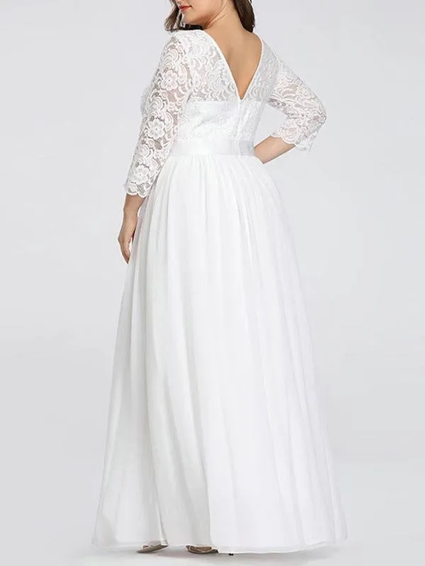 Plus Size A-Line Wedding Dresses Floor-Length 3/4 Length Sleeves Lace Jewel Neck Bridal Gowns