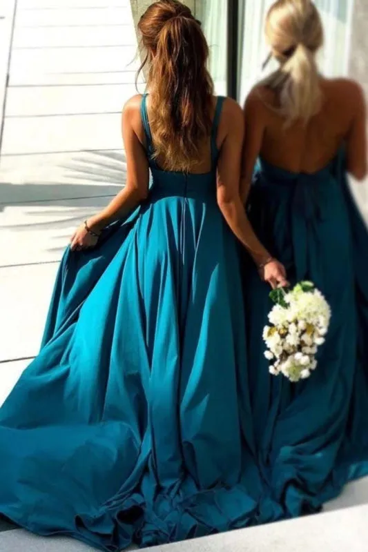 Simple Blue Long Backless Bridesmaid Dresses V Neck