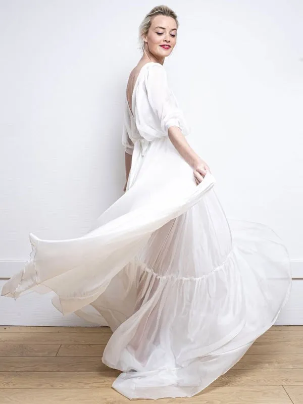 White Simple Wedding Dress A-Line V-Neck Half Sleeves Backless Tulle Satin Fabric Long Bridal Gowns