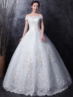 White Wedding Dresses Lace Off Shoulder Short Sleeve Lace Applique Floor Length Bridal Dress