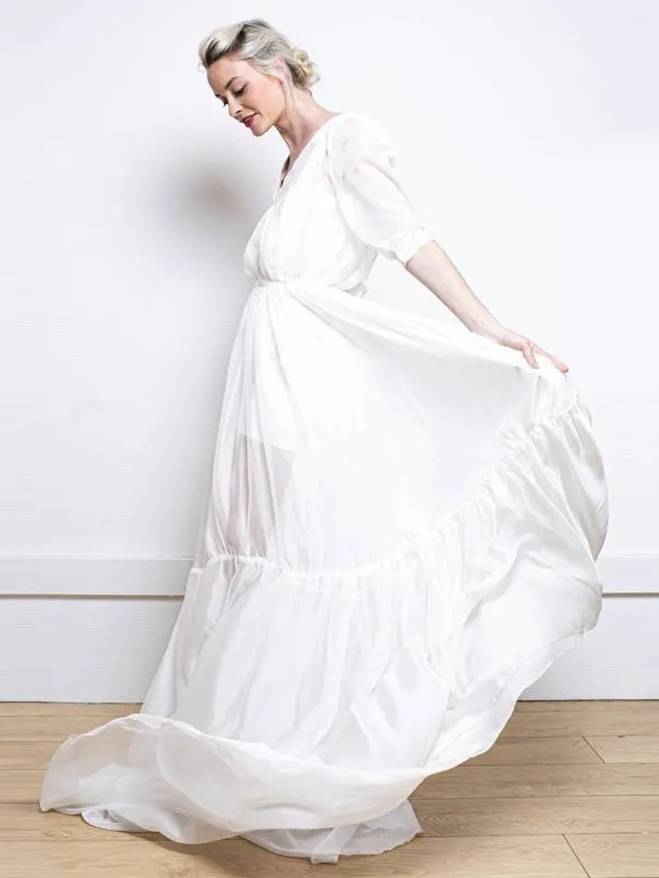 White Simple Wedding Dress A-Line V-Neck Half Sleeves Backless Tulle Satin Fabric Long Bridal Gowns