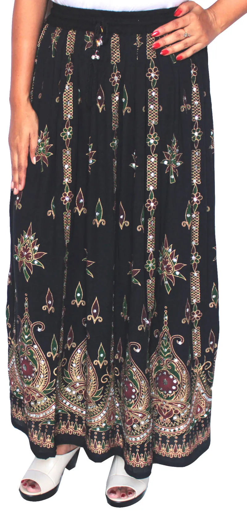 Womens Long Indian Skirt Sequins Maxi Length India Clothes (Black)