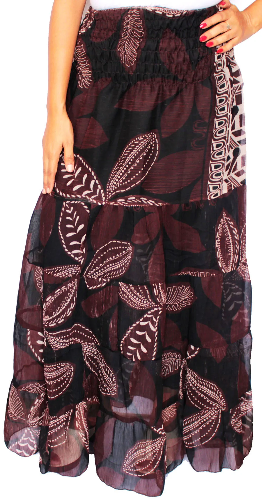 Womens Long Skirt Cover Up Beach Wear Printed Indian Clothing (Black)