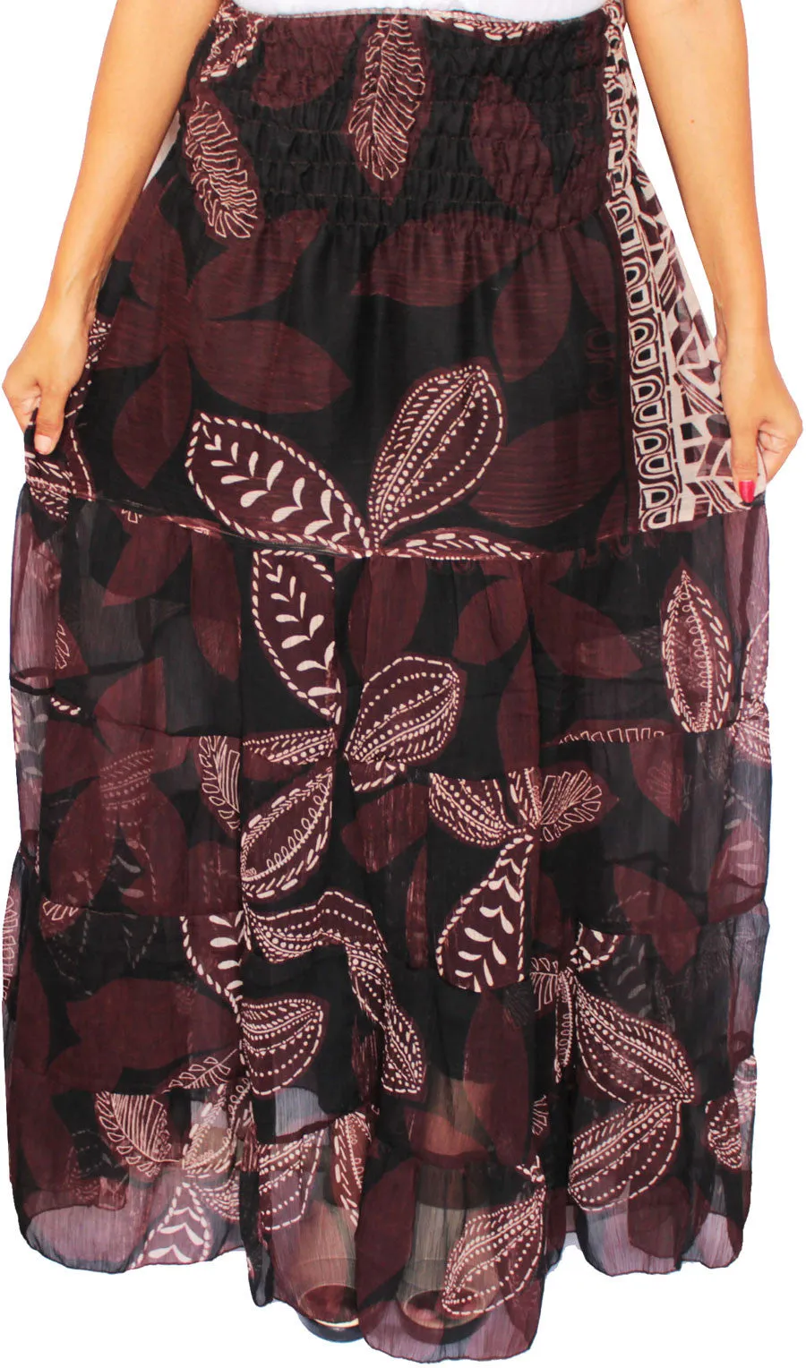 Womens Long Skirt Cover Up Beach Wear Printed Indian Clothing (Black)