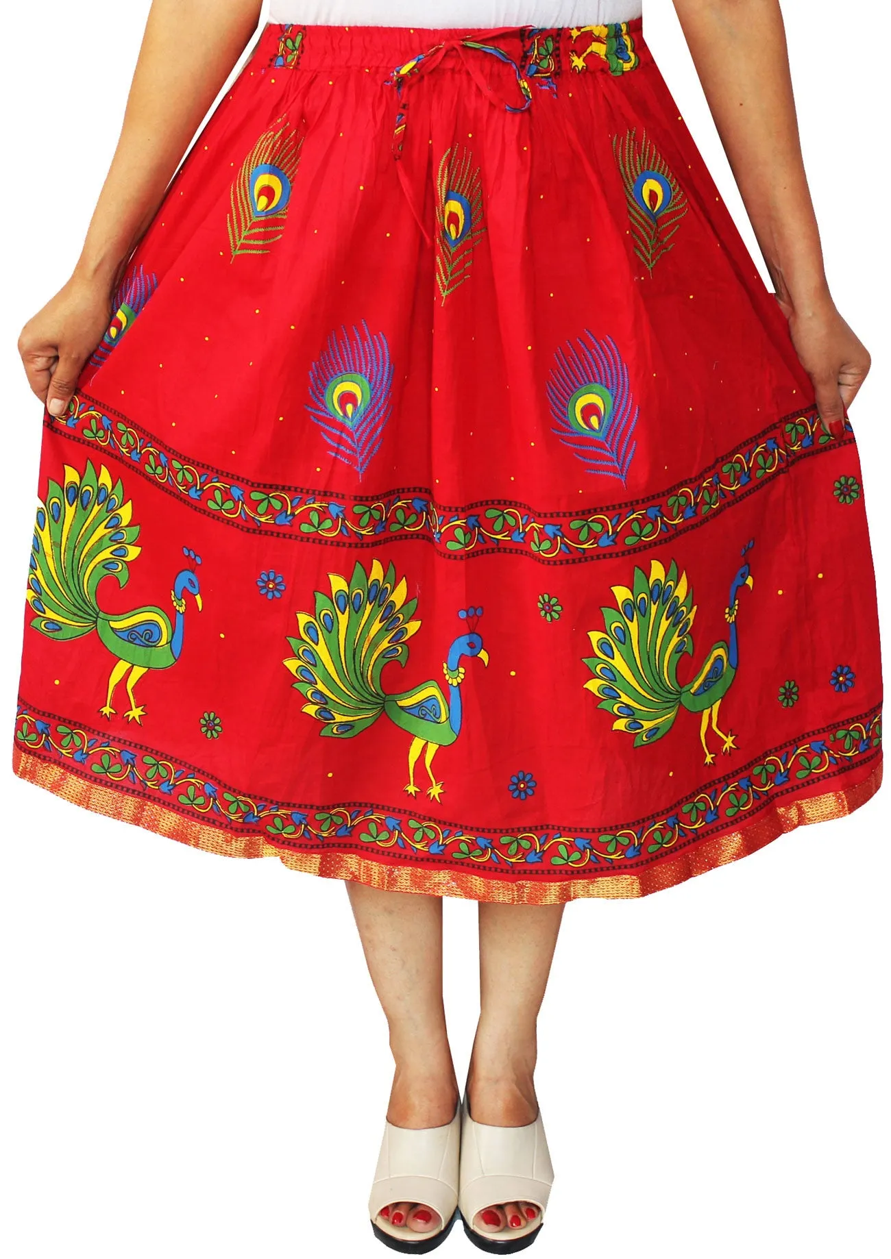 Women Printed Cotton Long Skirt India Clothes (Red)