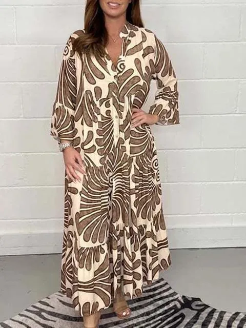 Printed Long Dress for Women Sexy V Neck Shirt Dresses L B-81926