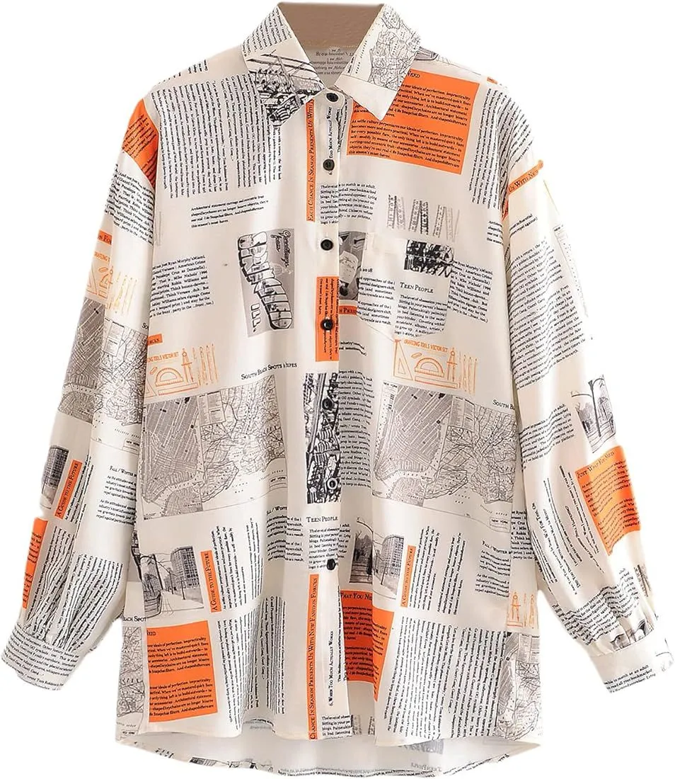 Women's Newspaper Print Long Sleeve Tunic Button Down Shirts Blouses 2XL S4917514