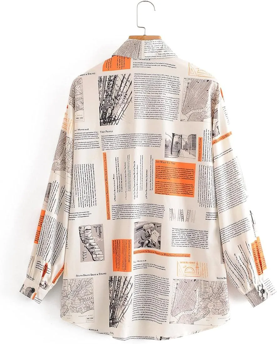 Women's Newspaper Print Long Sleeve Tunic Button Down Shirts Blouses 2XL S4917514