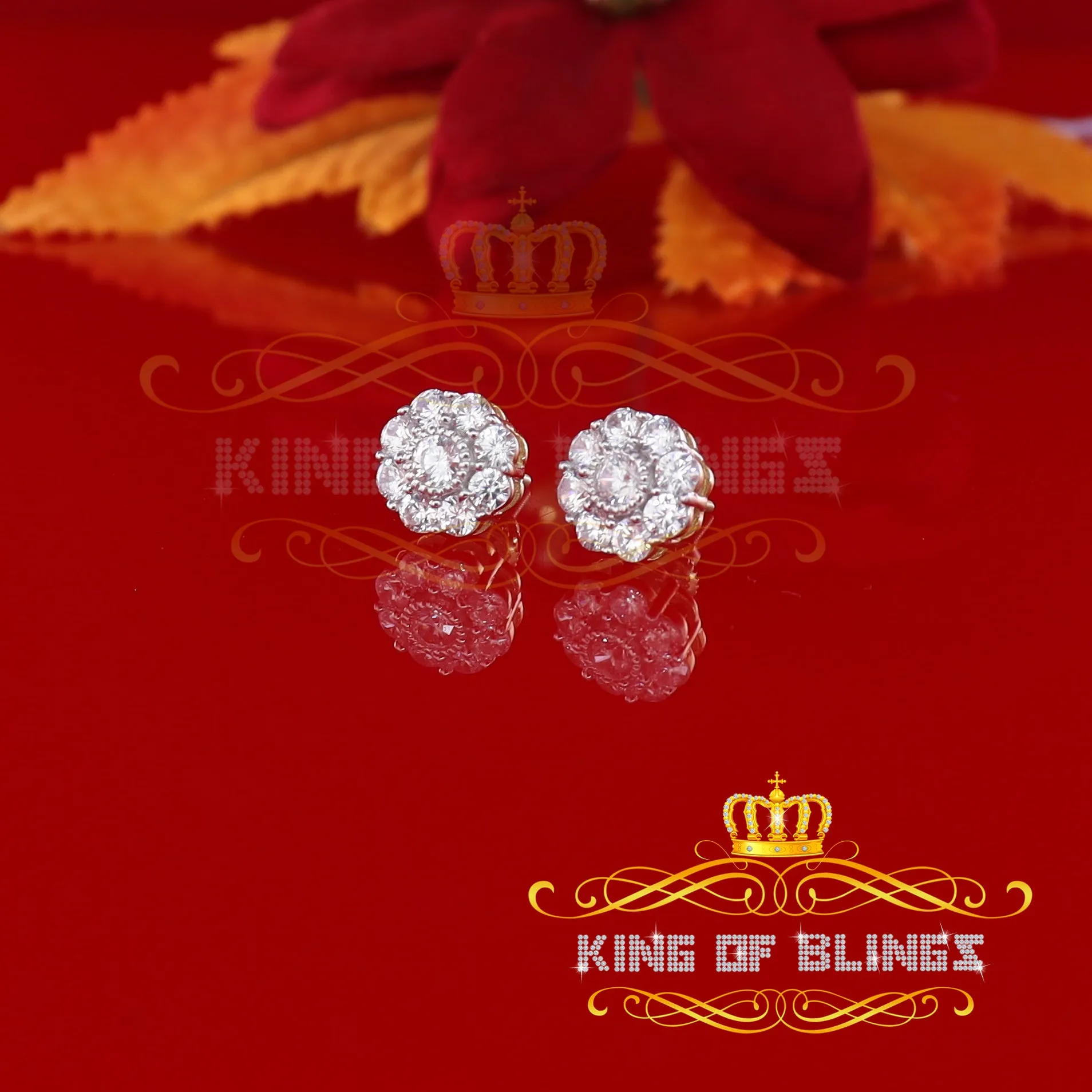 King of Bling's 925 Yellow Silver 2.88ct Cubic Zirconia Women's & Men's Hip Hop Floral Earrings