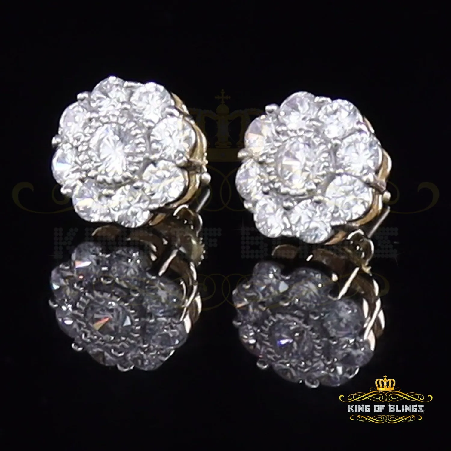 King of Bling's 925 Yellow Silver 2.88ct Cubic Zirconia Women's & Men's Hip Hop Floral Earrings