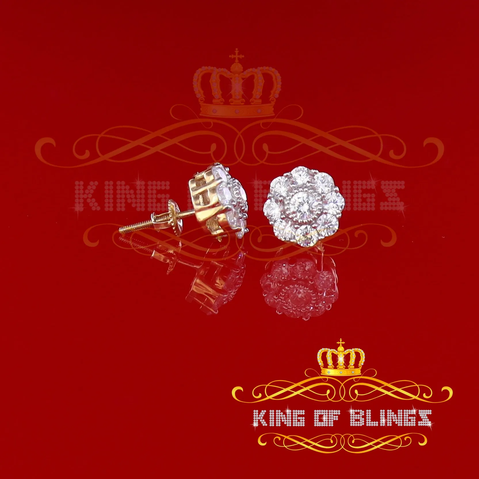 King of Bling's 925 Yellow Silver 2.88ct Cubic Zirconia Women's & Men's Hip Hop Floral Earrings